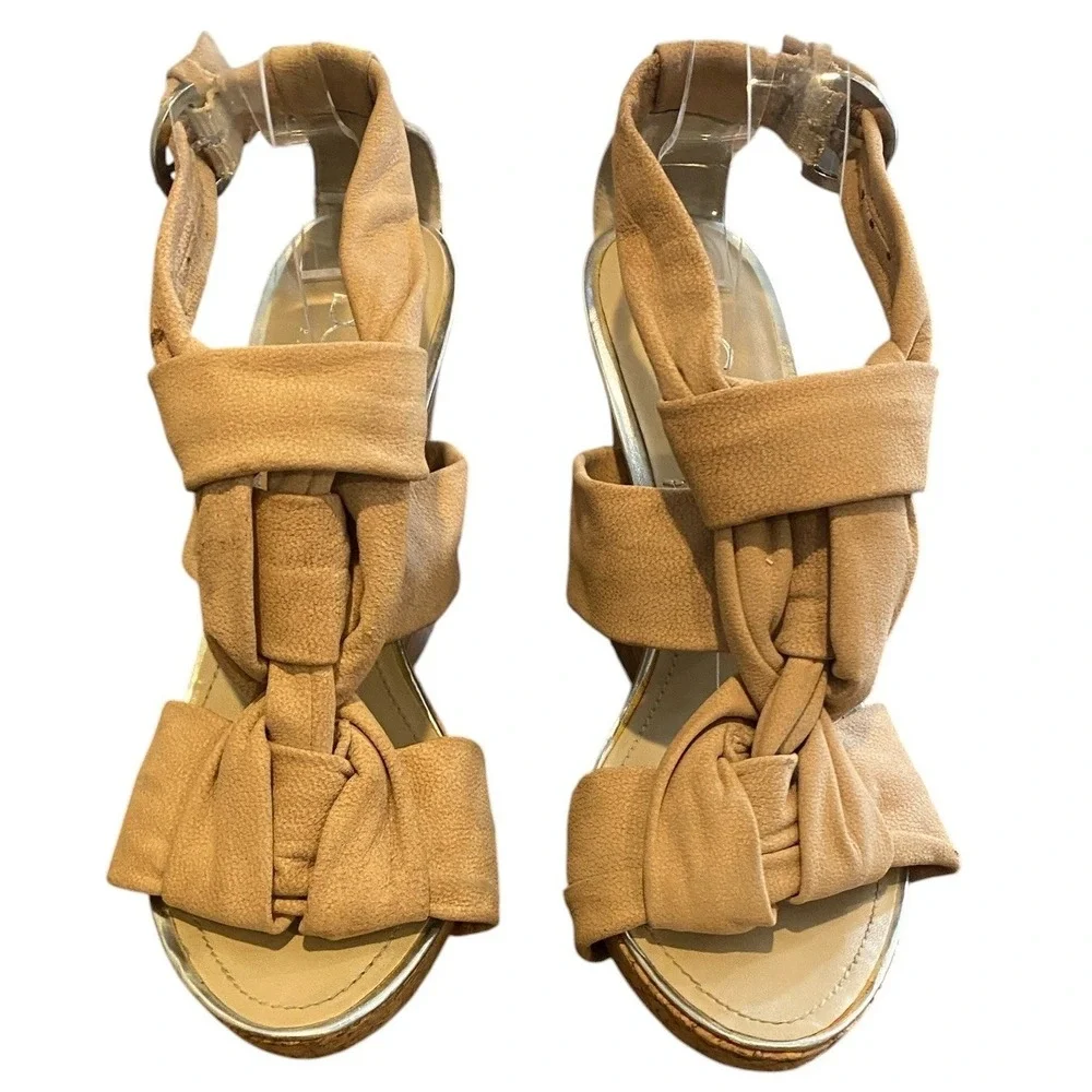 BCBG Paris Knotted Wedge Leather Sandals Cork/Wood Platform Sz 9.5 Beige #332L